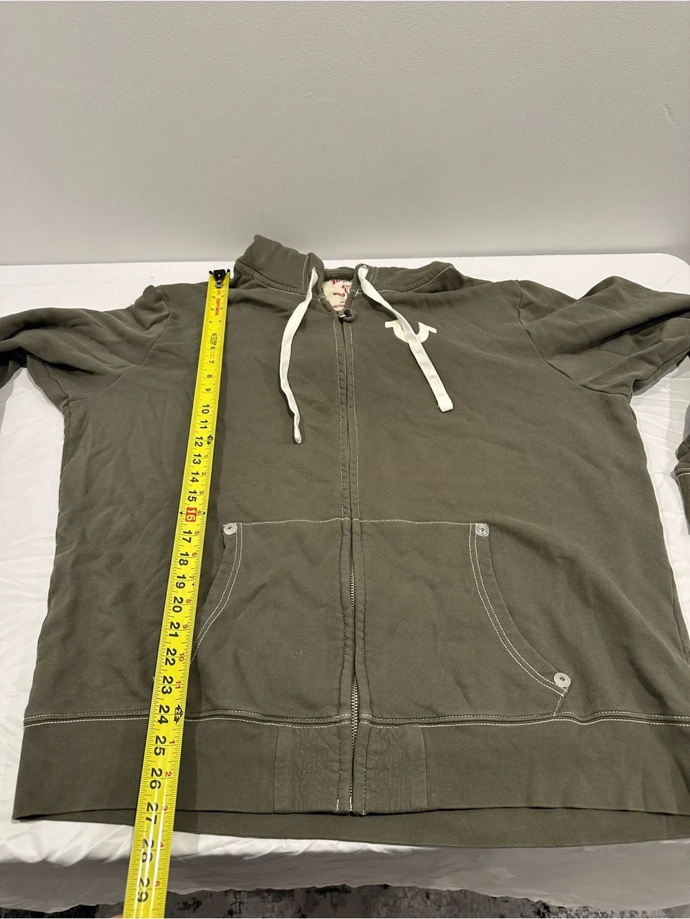 True Religion Olive Zip Hoodie with White Logo Accent